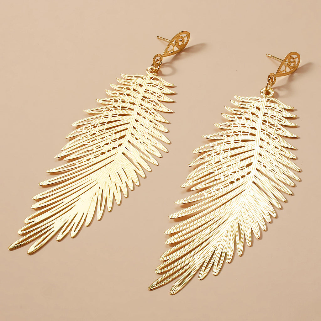Oversized Gold Palm Leaf Drop Earrings for Women | Hollow Filigree Statement Earrings