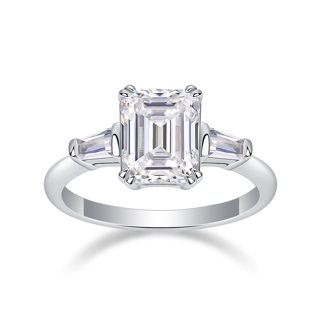 925 Sterling Silver Emerald Cut Engagement Ring for Women – Three Stone Design | Elegant Statement Ring