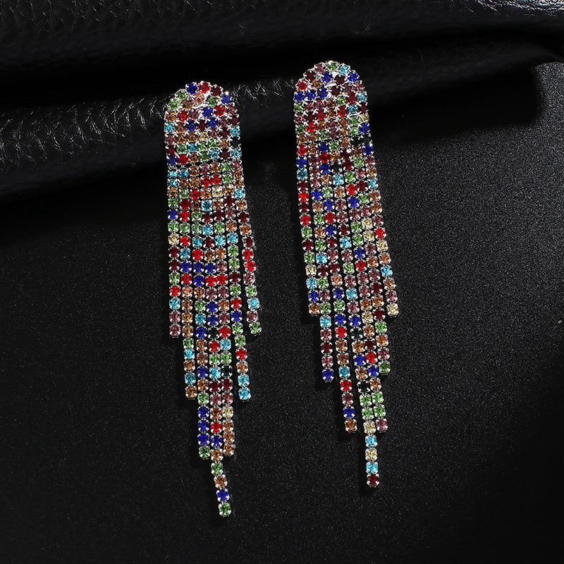 Luxury Crystal Tassel Drop Earrings | Long Rhinestone Fringe | Gold Silver & Multicolor