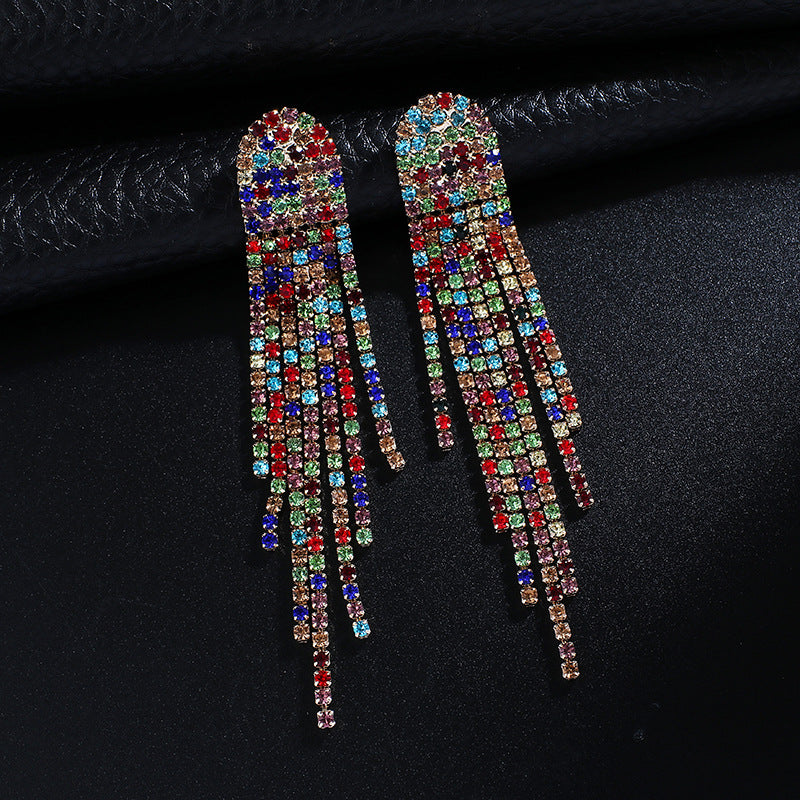 Luxury Crystal Tassel Drop Earrings | Long Rhinestone Fringe | Gold Silver & Multicolor