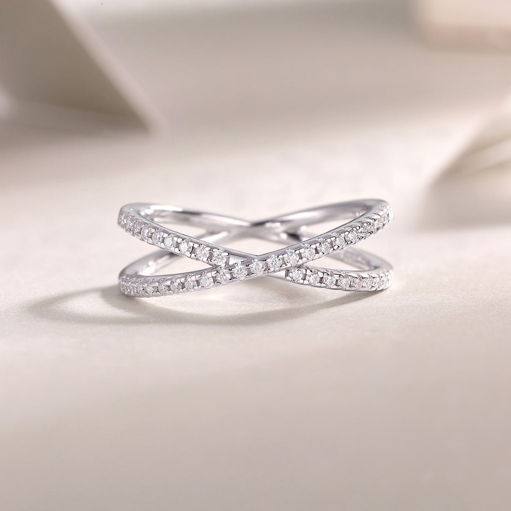 925 Sterling Silver Crossover Ring for Women – Minimalist Diamond Look Elegant Band | Luxury Everyday Jewelry