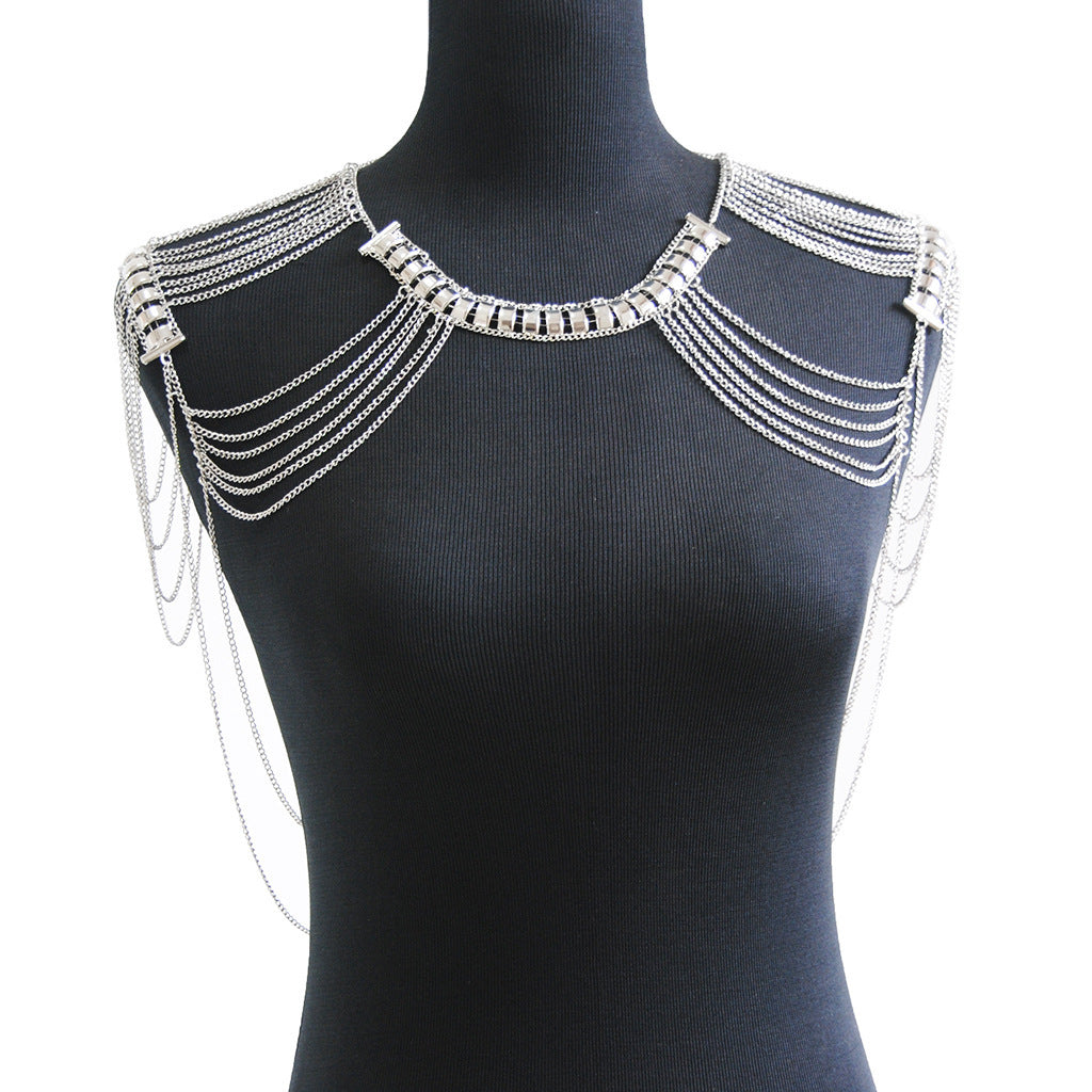 Metal texture tassel double shoulder chain