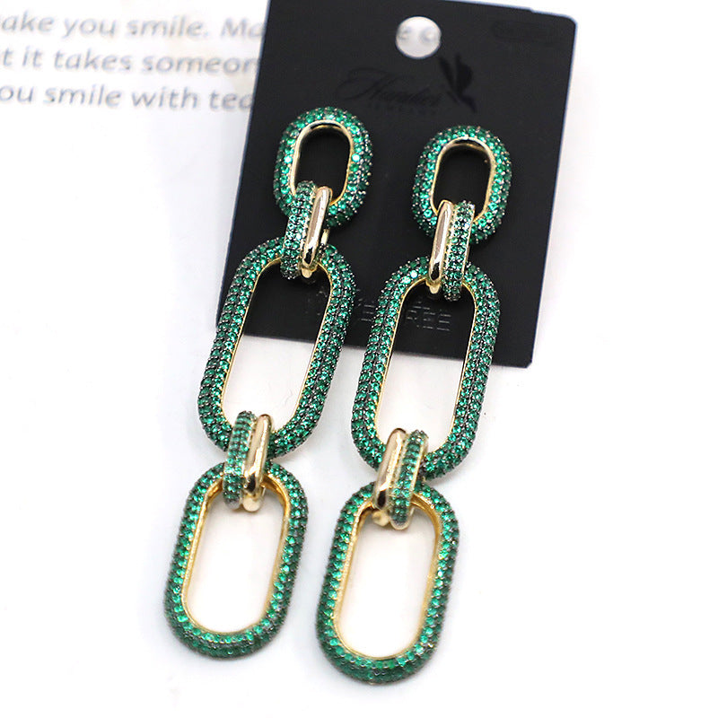 Luxury Chain Link Earrings | Green & Pink Crystal Statement Jewelry for Women