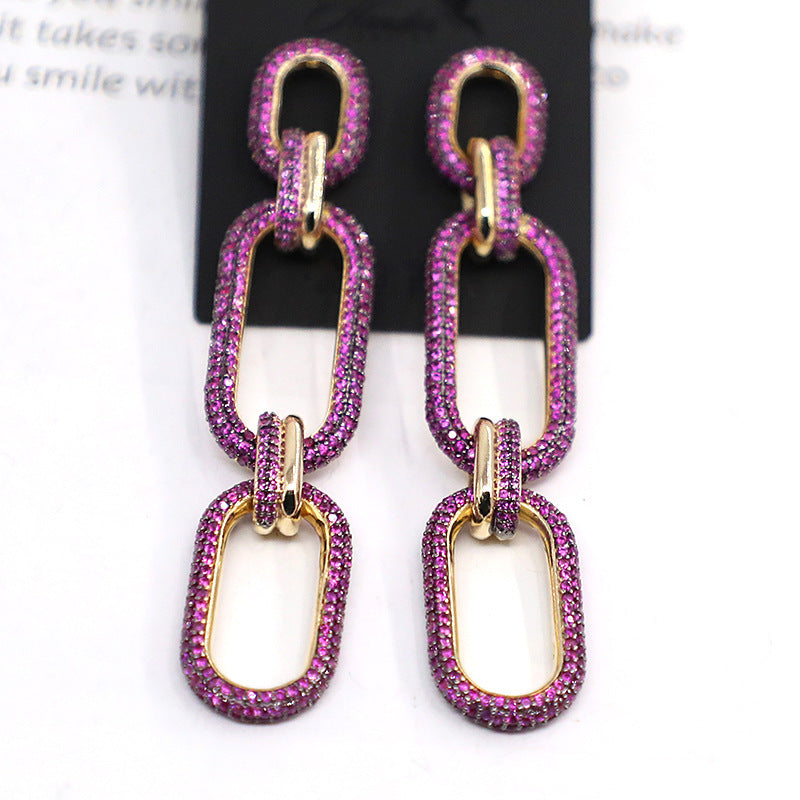 Luxury Chain Link Earrings | Green & Pink Crystal Statement Jewelry for Women