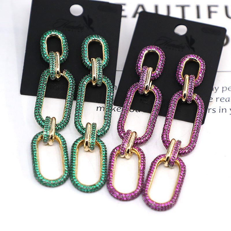 Luxury Chain Link Earrings | Green & Pink Crystal Statement Jewelry for Women