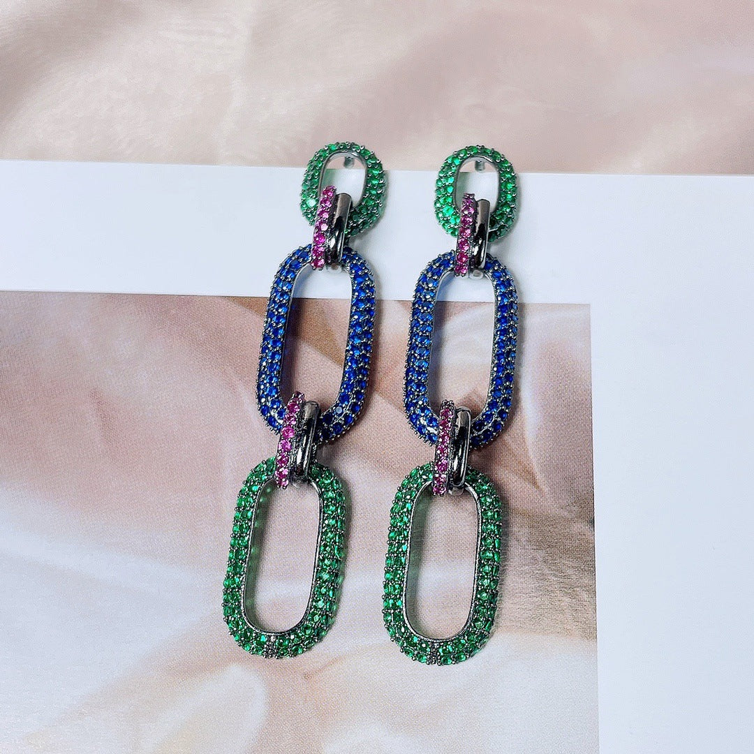 Luxury Chain Link Earrings | Green & Pink Crystal Statement Jewelry for Women