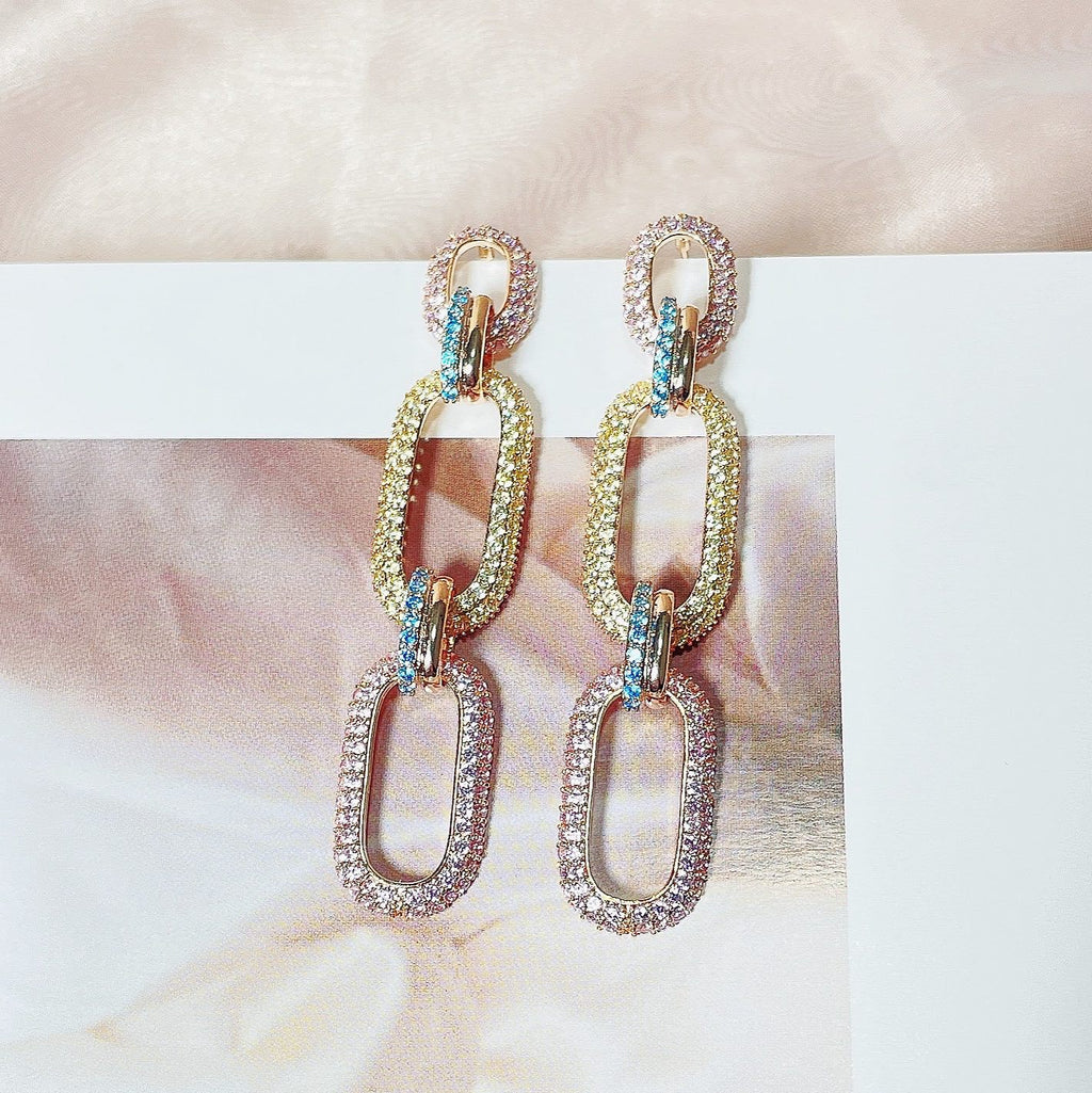 Luxury Chain Link Earrings | Green & Pink Crystal Statement Jewelry for Women