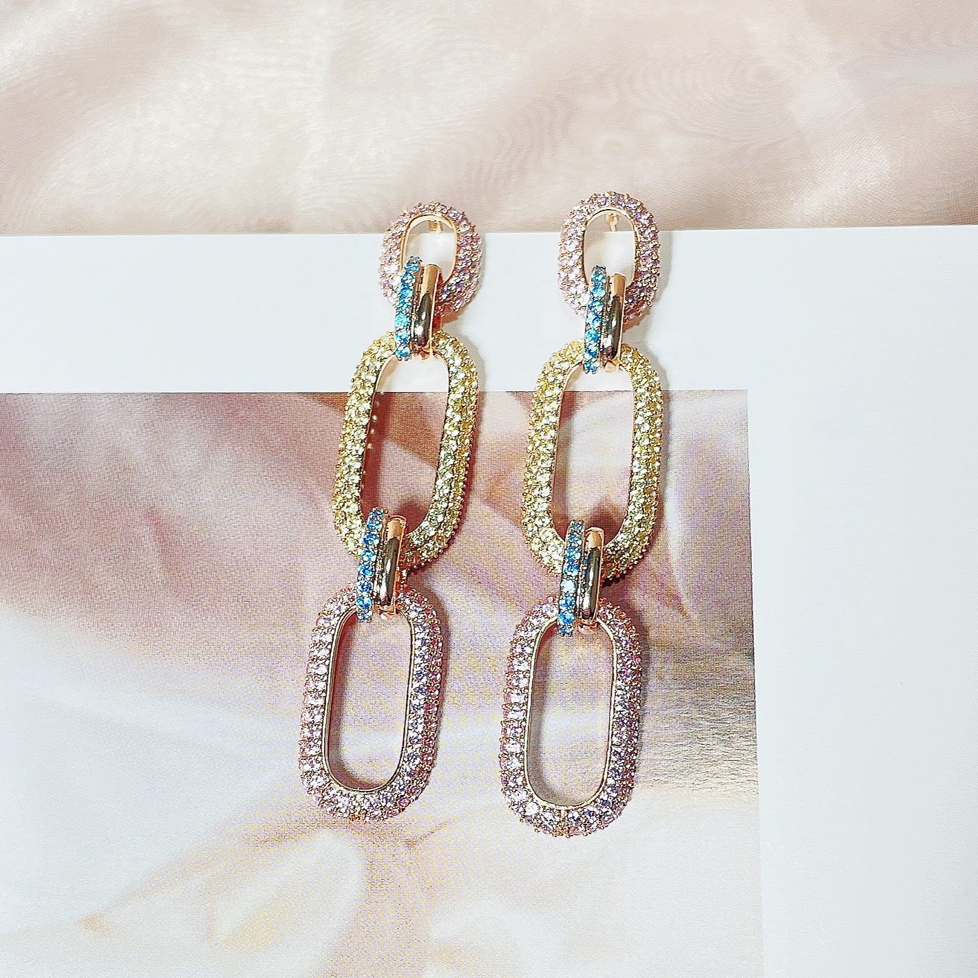 Luxury Chain Link Earrings | Green & Pink Crystal Statement Jewelry for Women