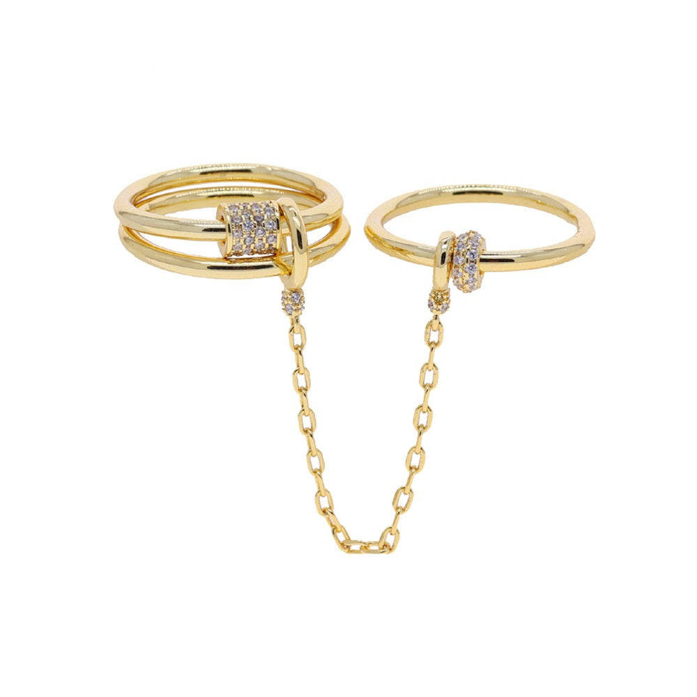 Gold Chain Ring Set for Women – Crystal Zircon Tassel Double Finger Ring