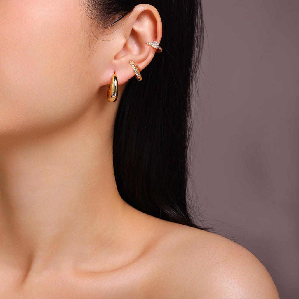 Moissanite Earring Set – Gold Hoop, Huggie & Ear Cuff | S925 Silver | GRA Certified