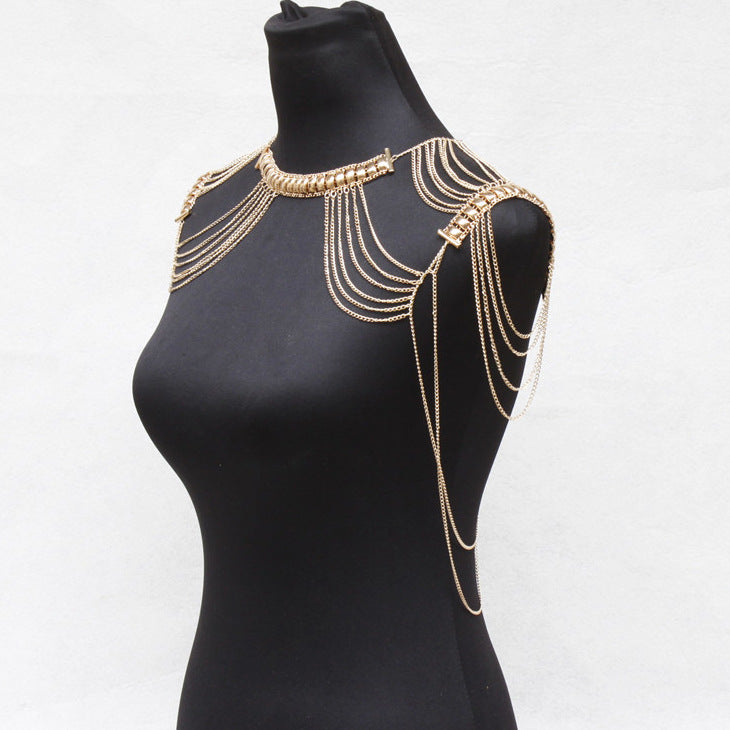 Metal texture tassel double shoulder chain