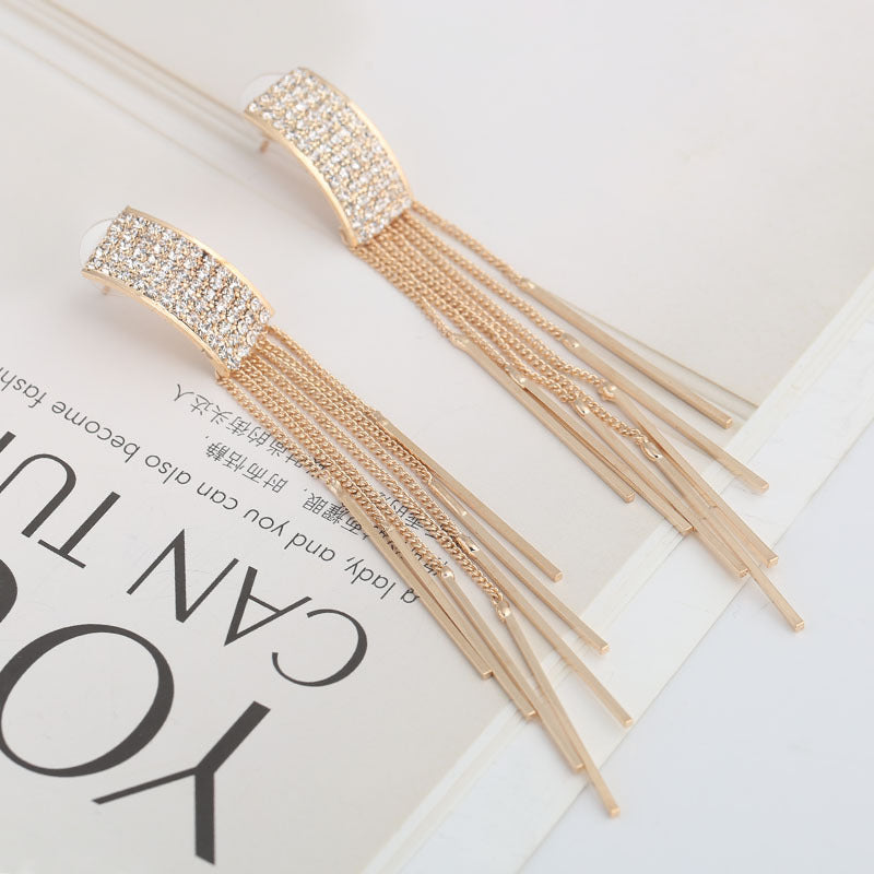 Luxury Gold Chain Tassel Earrings | Crystal Pave Drop | Long Fringe | Gold Silver