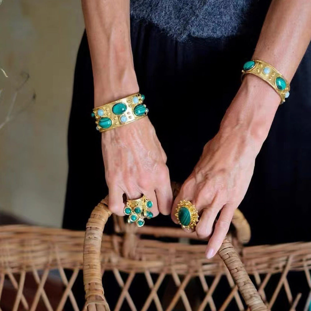 Gold Malachite Cuff Bracelet & Ring Set | Luxury Green Stone Jewelry