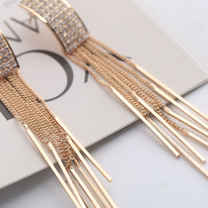Luxury Gold Chain Tassel Earrings | Crystal Pave Drop | Long Fringe | Gold Silver