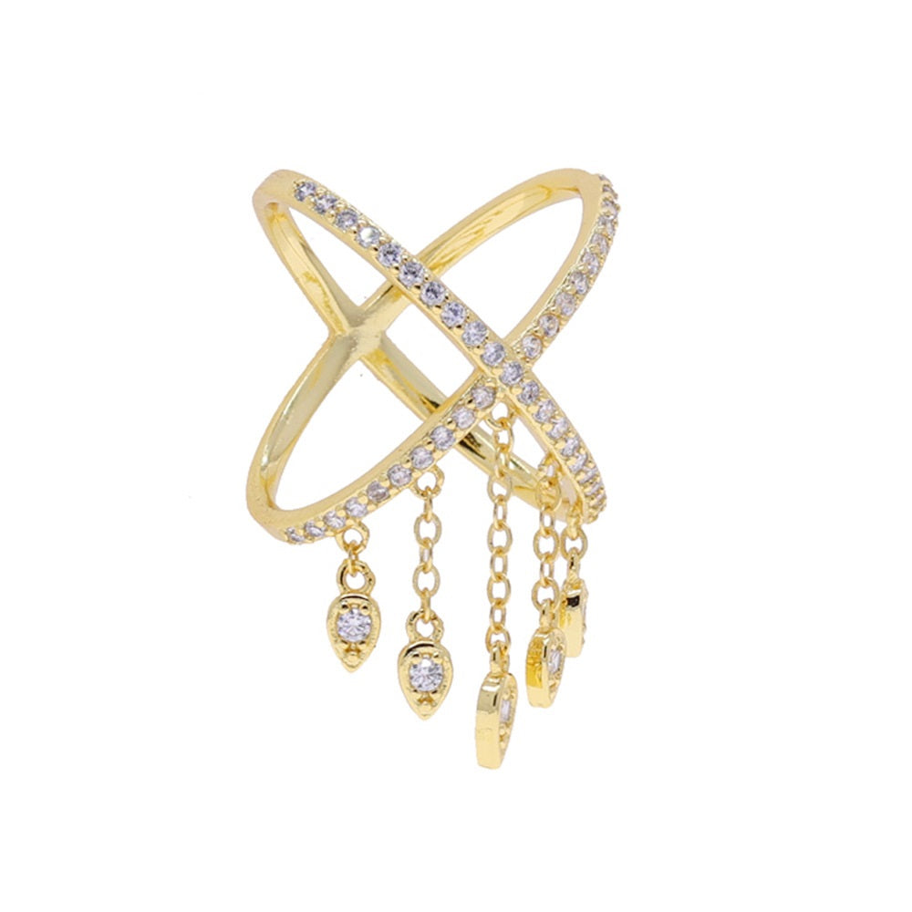 Gold Chain Ring Set for Women – Crystal Zircon Tassel Double Finger Ring