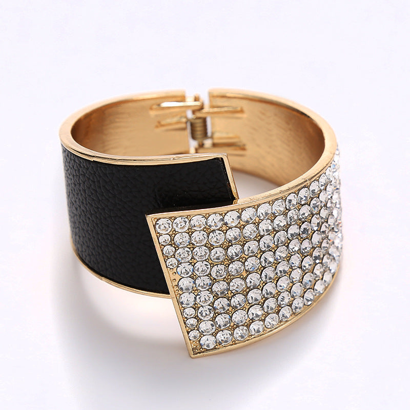 Luxury Rhinestone Leather Cuff Bracelet | Diamond-Cut Alloy | Black White Colour