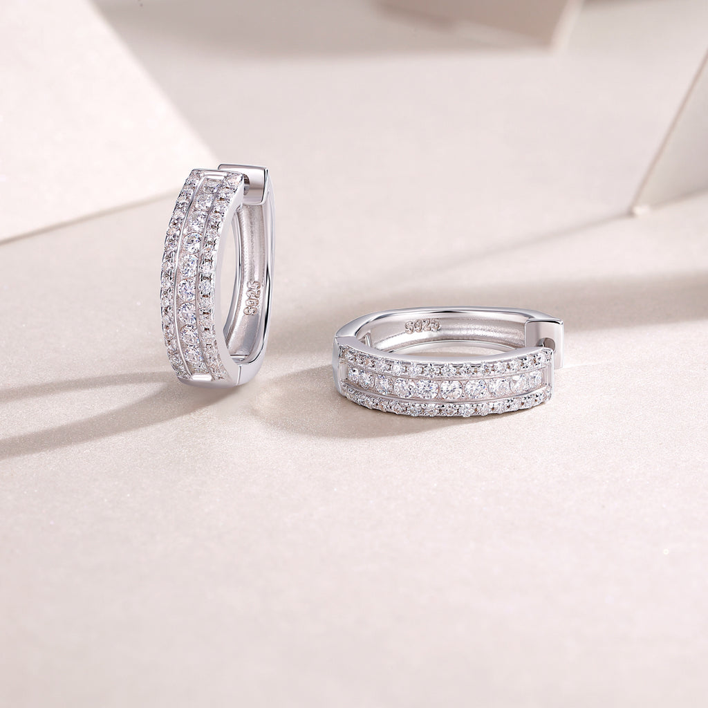 925 Sterling Silver Multi Row Hoop Earrings for Women – Pave Diamond Look Huggie Hoops | Luxury Statement Jewelry