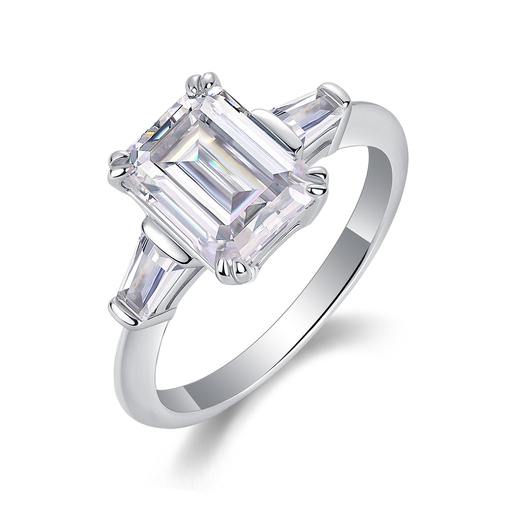 925 Sterling Silver Emerald Cut Engagement Ring for Women – Three Stone Design | Elegant Statement Ring