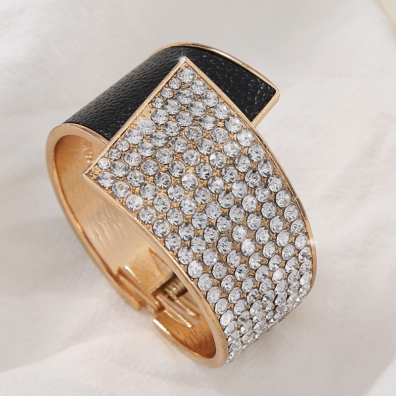 Luxury Rhinestone Leather Cuff Bracelet | Diamond-Cut Alloy | Black White Colour