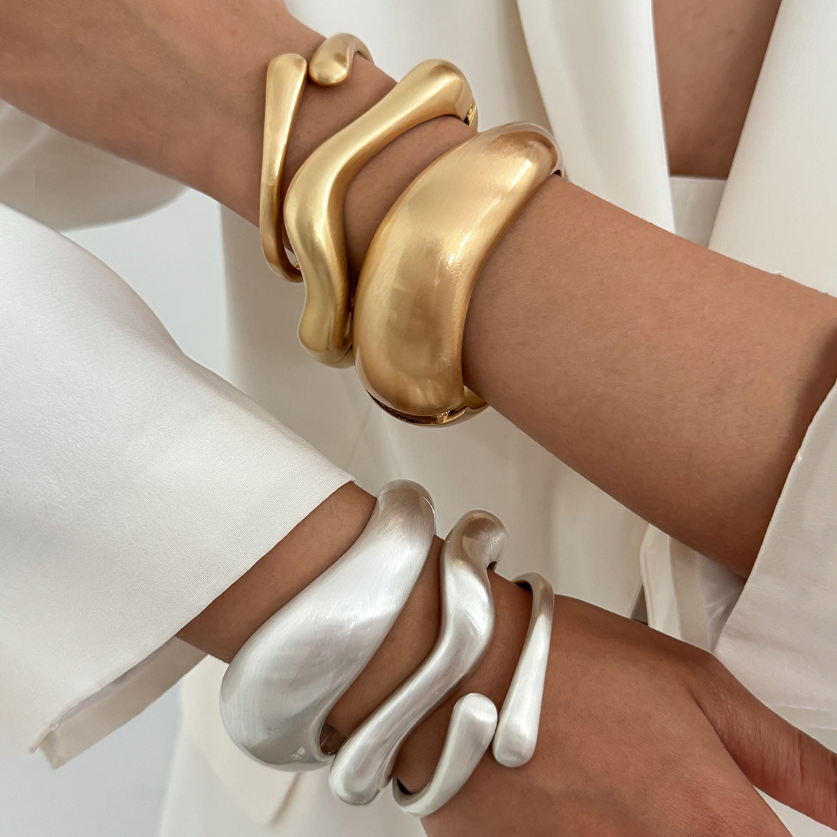 Minimal Spring Cuff Bracelet for Women – Textured Gold Adjustable Bangle