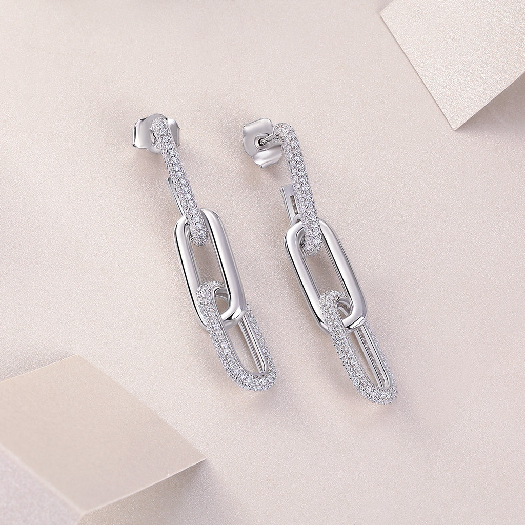 925 Sterling Silver Link Drop Earrings for Women – Pavé Chain Design | Modern Luxury Dangle Earrings