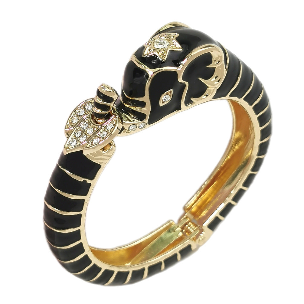 Elephant Bangle Bracelet | Black & White Enamel Gold Cuff | Boho Statement Jewelry for Women