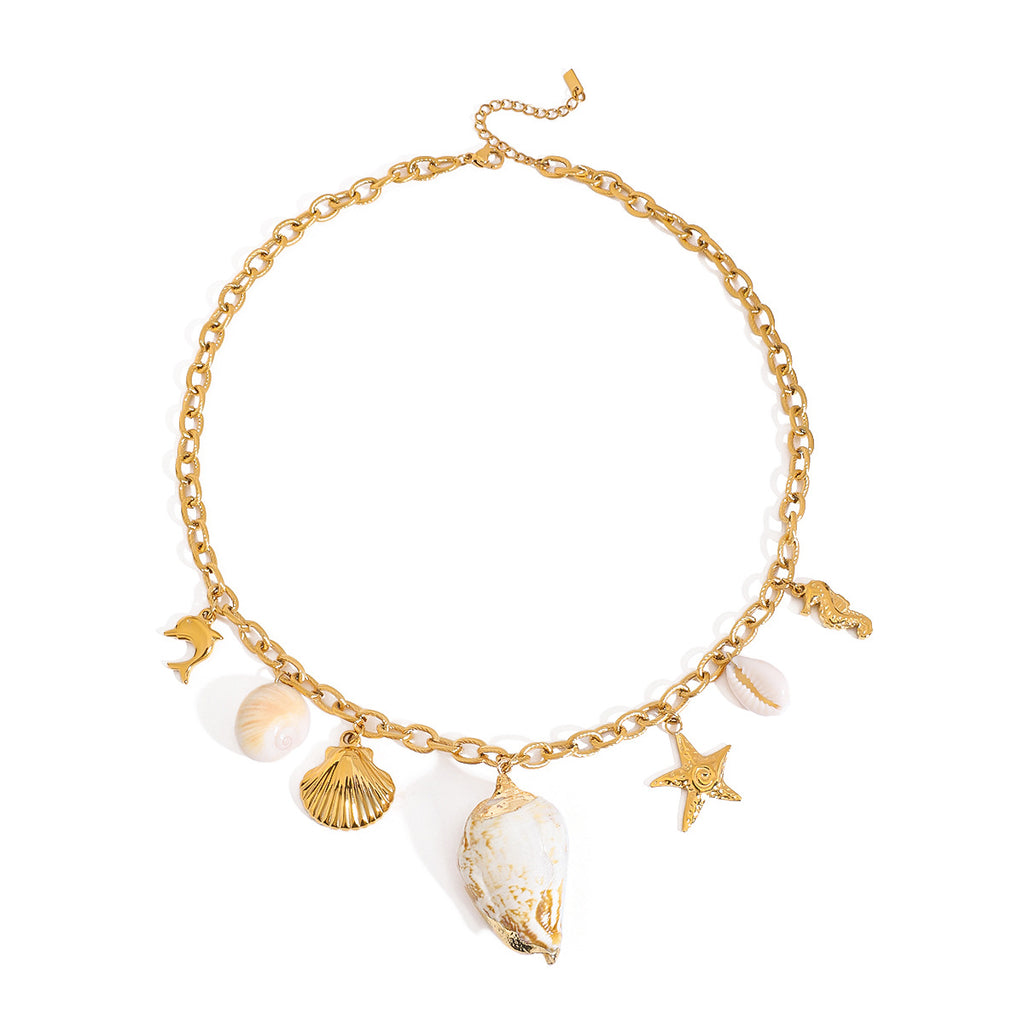 Ocean Charm Necklace & Earring Set for Women | Gold Seashell Starfish Jewelry