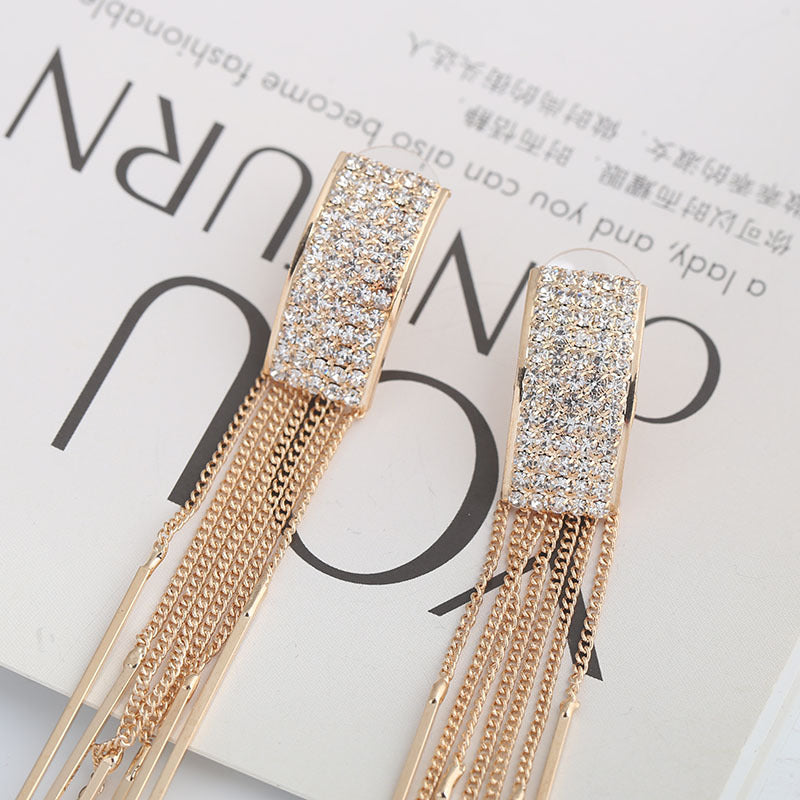 Luxury Gold Chain Tassel Earrings | Crystal Pave Drop | Long Fringe | Gold Silver