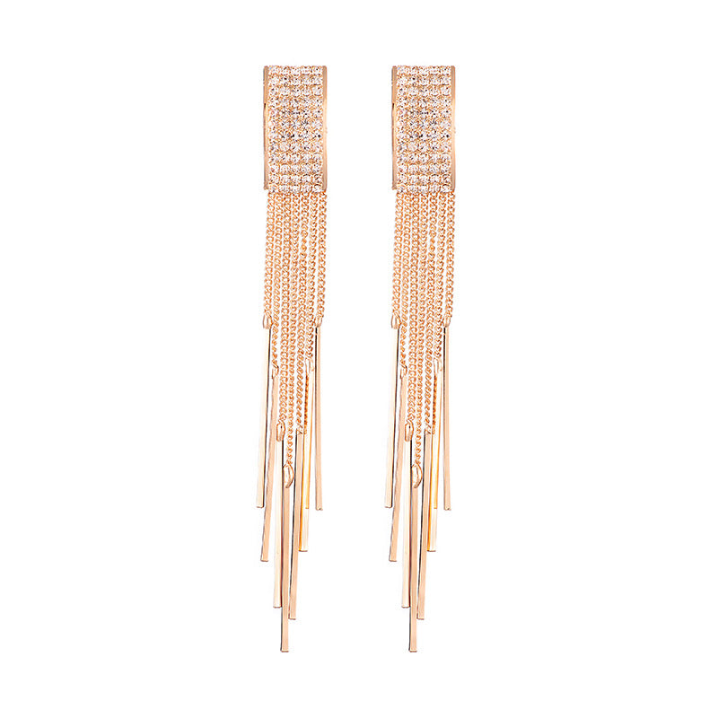 Luxury Gold Chain Tassel Earrings | Crystal Pave Drop | Long Fringe | Gold Silver