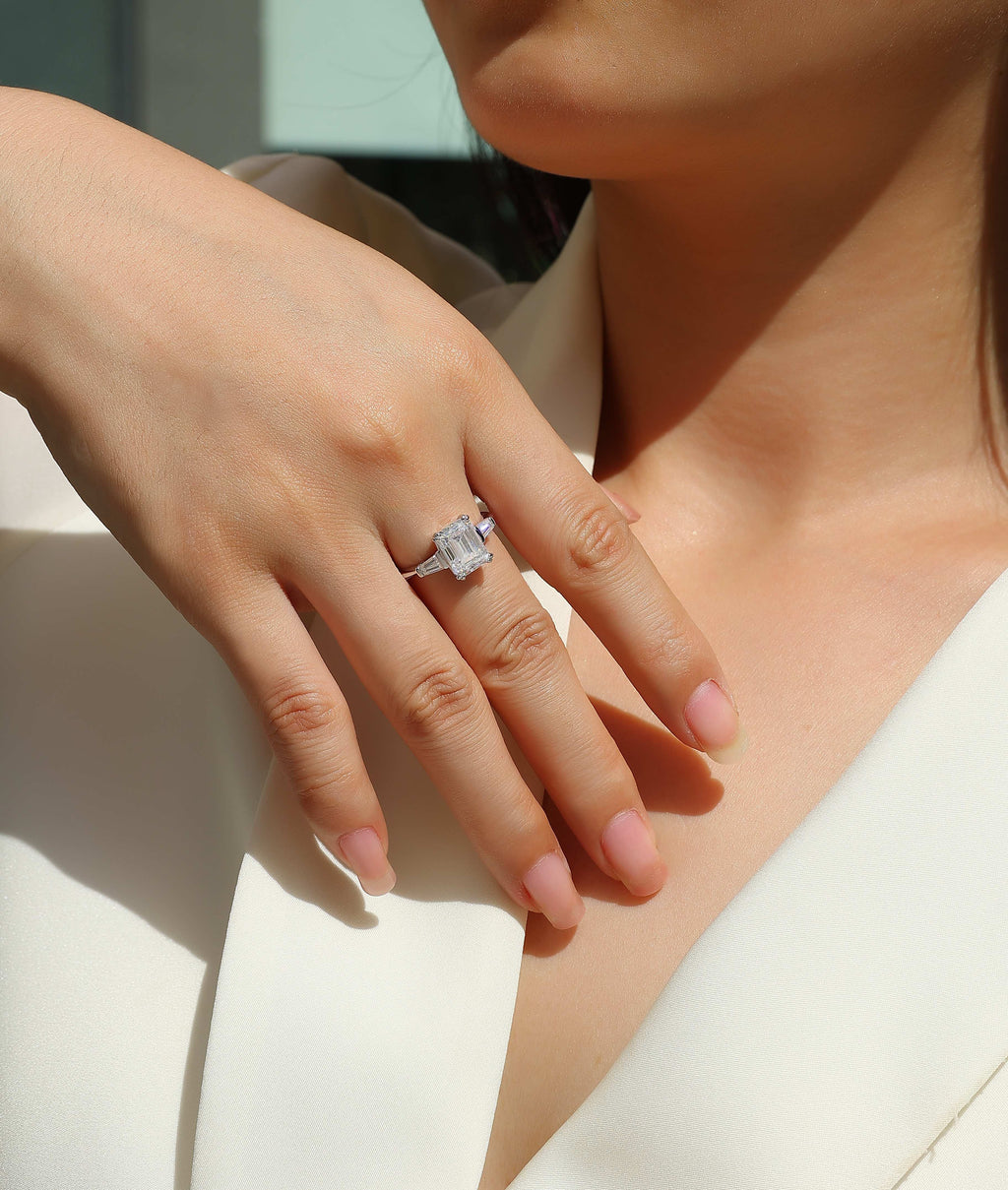 925 Sterling Silver Emerald Cut Engagement Ring for Women – Three Stone Design | Elegant Statement Ring