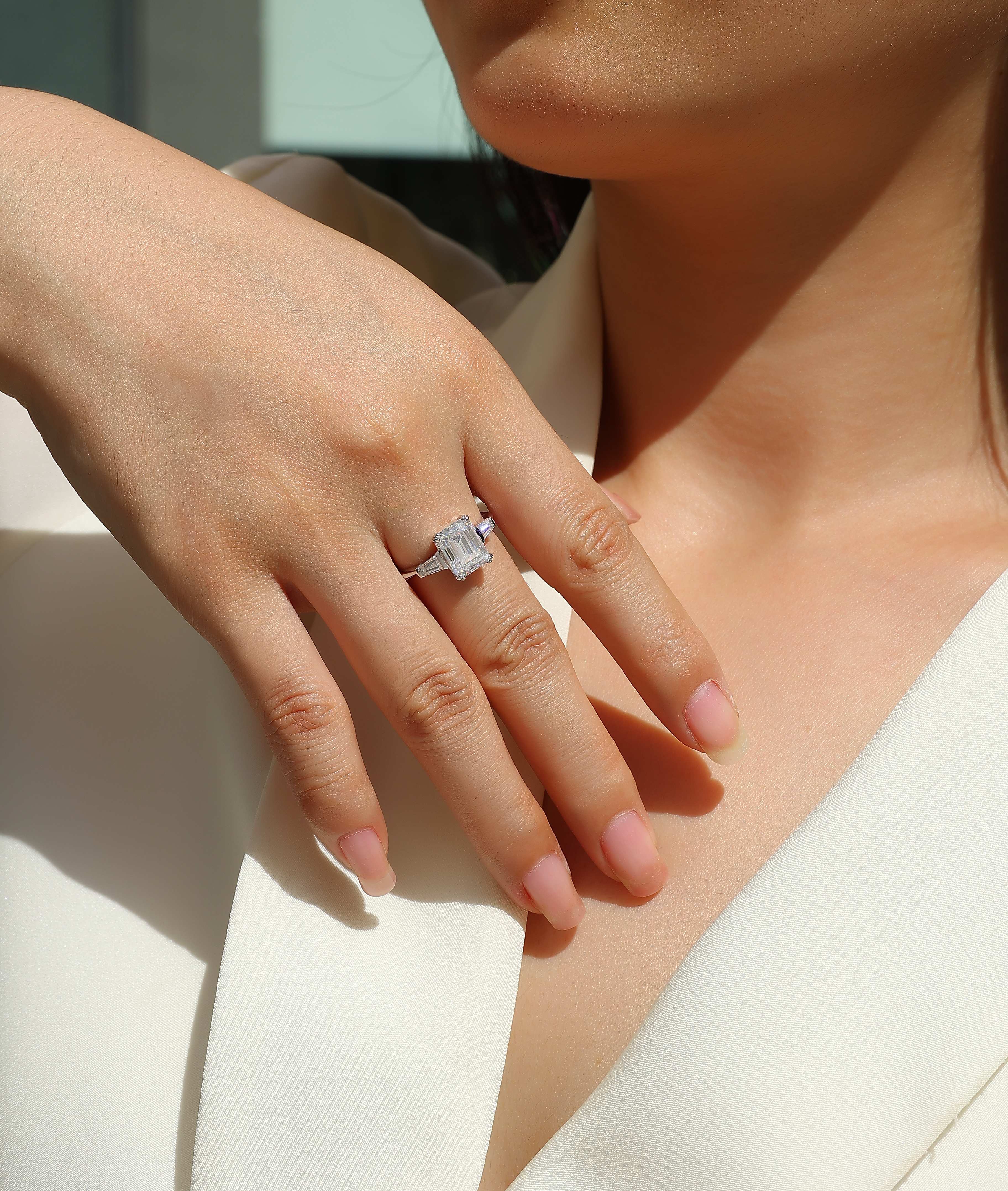 925 Sterling Silver Emerald Cut Engagement Ring for Women – Three Stone Design | Elegant Statement Ring
