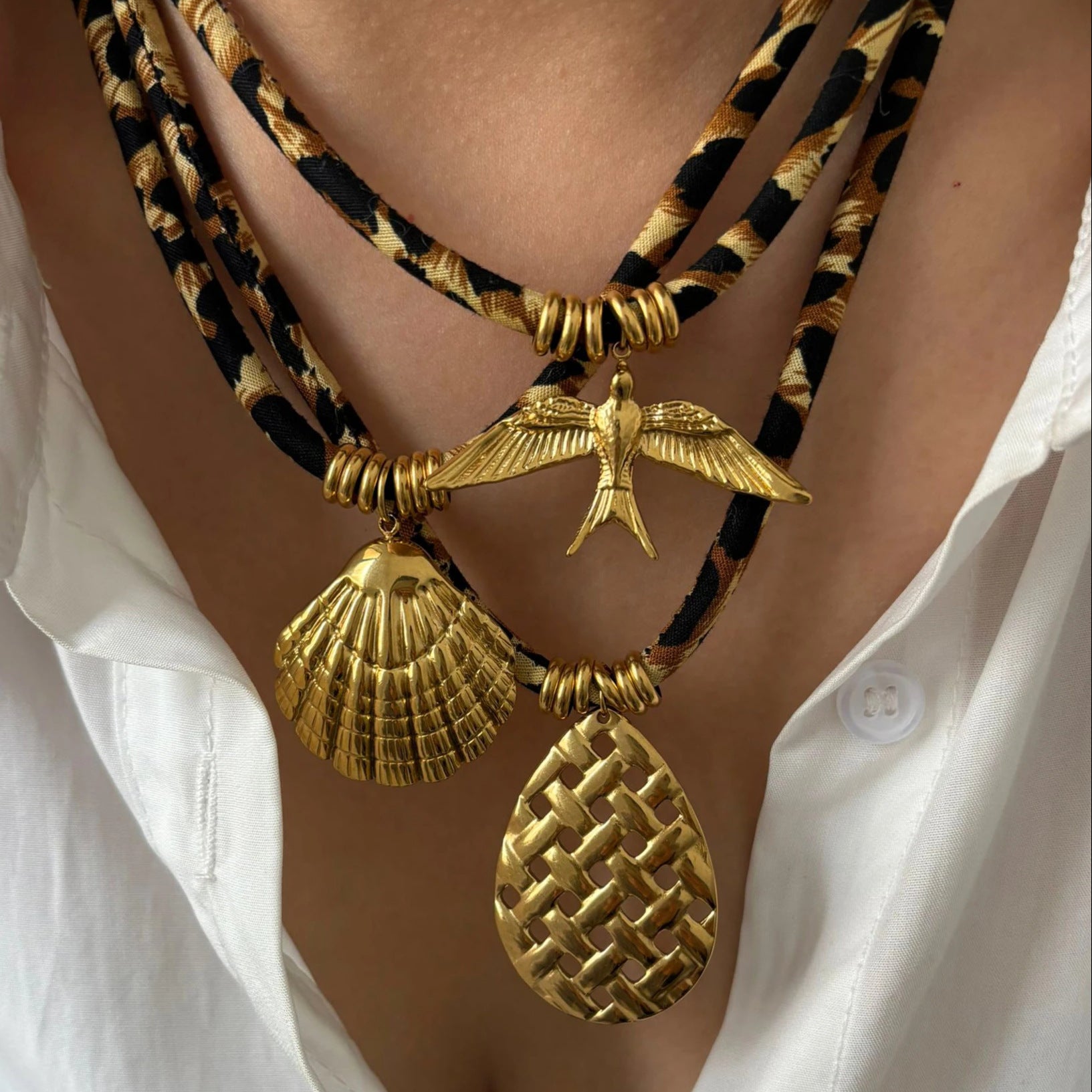 Geometric Pendant Rope Necklace | Leopard Print Statement | Luvia
