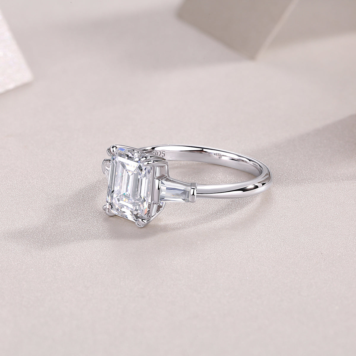 925 Sterling Silver Emerald Cut Engagement Ring for Women – Three Stone Design | Elegant Statement Ring