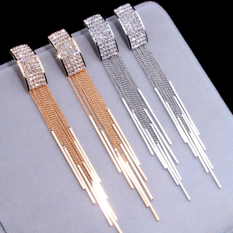 Luxury Gold Chain Tassel Earrings | Crystal Pave Drop | Long Fringe | Gold Silver