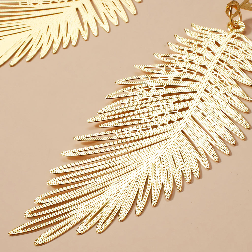 Oversized Gold Palm Leaf Drop Earrings for Women | Hollow Filigree Statement Earrings