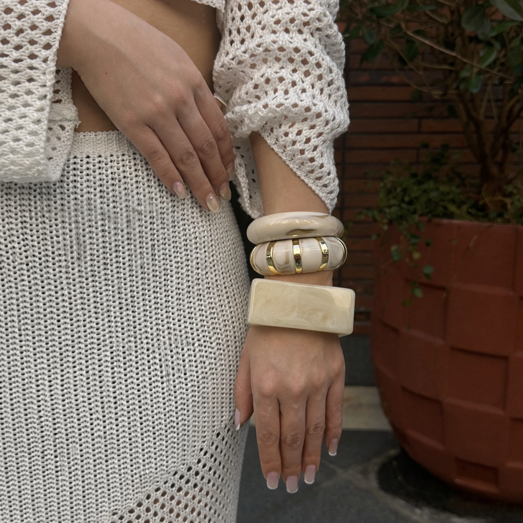 Luxury Minimal Jewelry Set – Elegant Ivory Bangles & Statement-Free Chic Look | Luvia Style