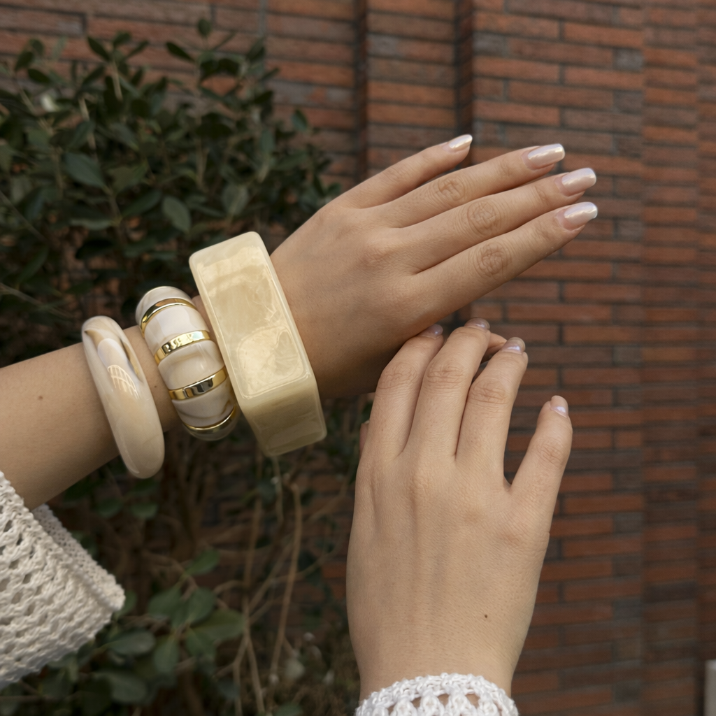 Luxury Minimal Jewelry Set – Elegant Ivory Bangles & Statement-Free Chic Look | Luvia Style