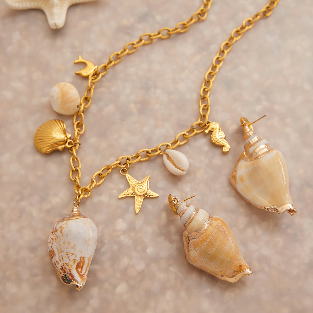 Ocean Charm Necklace & Earring Set for Women | Gold Seashell Starfish Jewelry