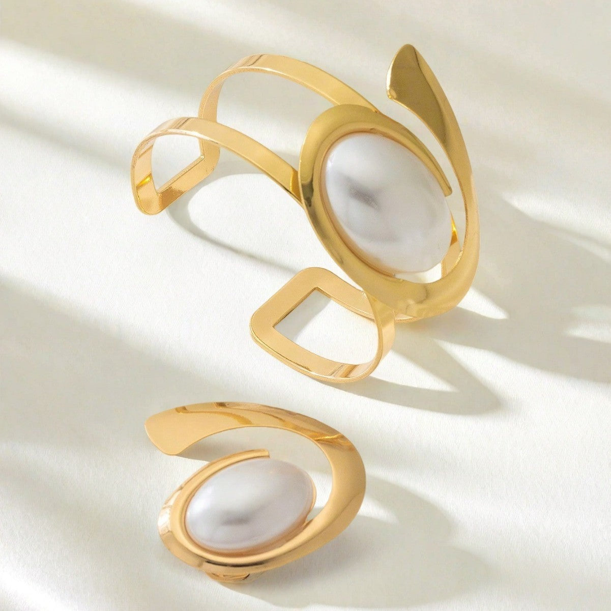 Luxury Gold Pearl Bracelet & Statement Ring Set – Elegant Minimal Jewelry for Women | Available in Multiple Colors