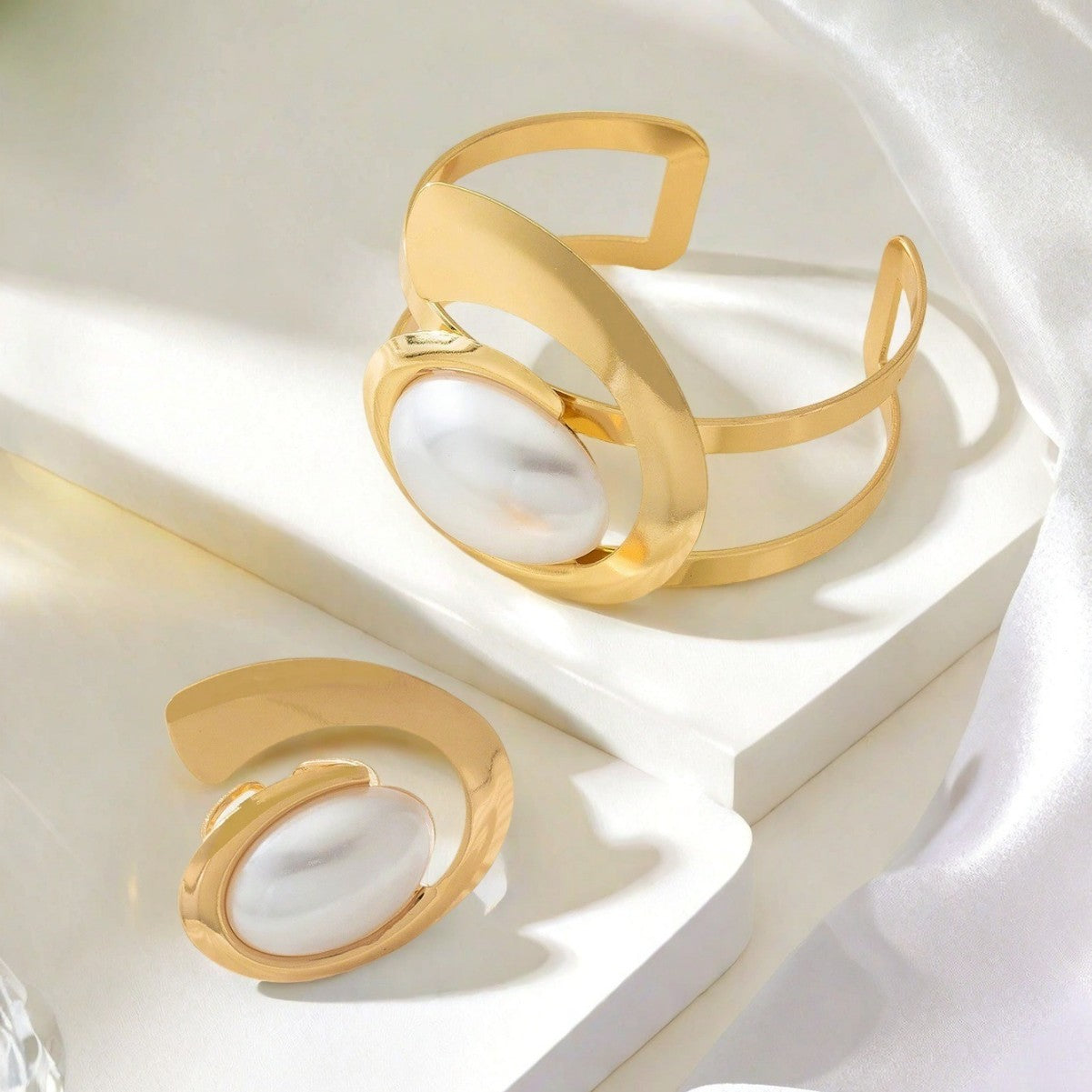 Luxury Gold Pearl Bracelet & Statement Ring Set – Elegant Minimal Jewelry for Women | Available in Multiple Colors
