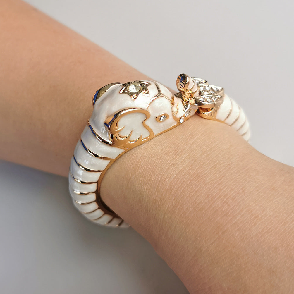 Elephant Bangle Bracelet | Black & White Enamel Gold Cuff | Boho Statement Jewelry for Women