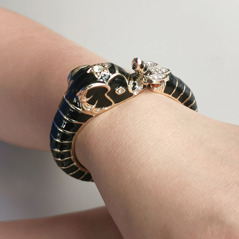 Elephant Bangle Bracelet | Black & White Enamel Gold Cuff | Boho Statement Jewelry for Women