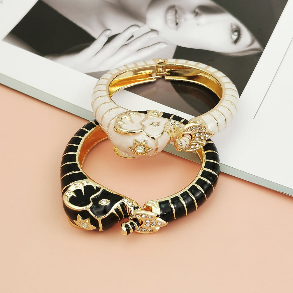 Elephant Bangle Bracelet | Black & White Enamel Gold Cuff | Boho Statement Jewelry for Women