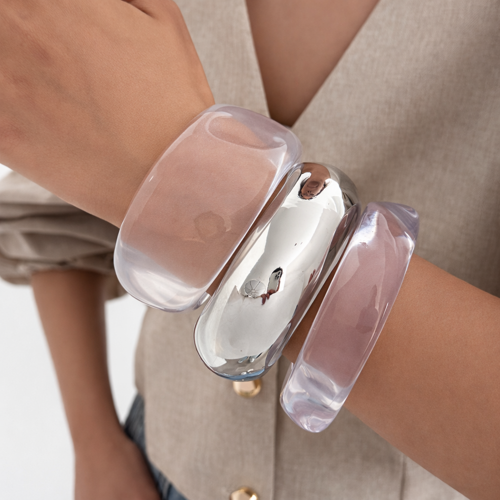 Luxury Chunky Acrylic & Silver Bracelet Set – Modern Minimalist Statement Jewelry