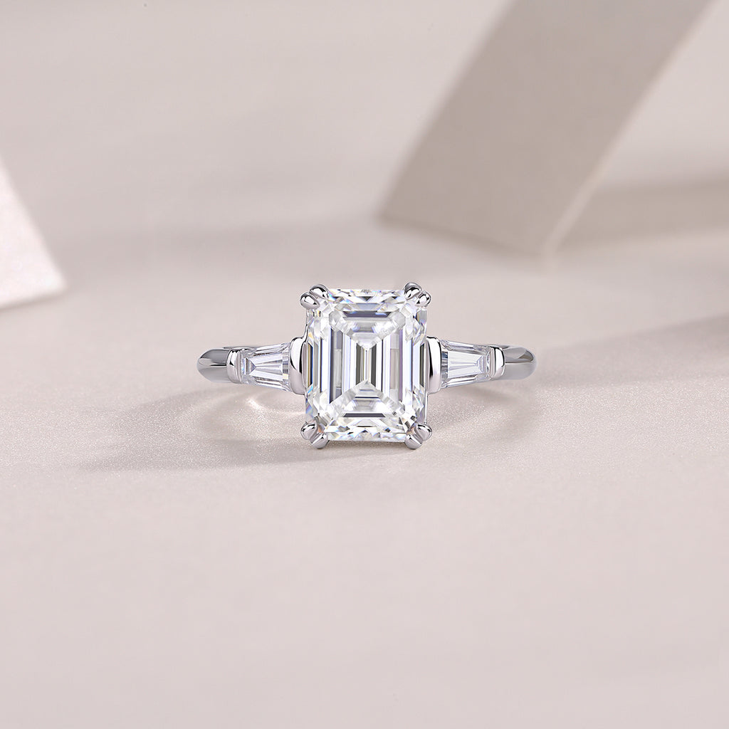 925 Sterling Silver Emerald Cut Engagement Ring for Women – Three Stone Design | Elegant Statement Ring