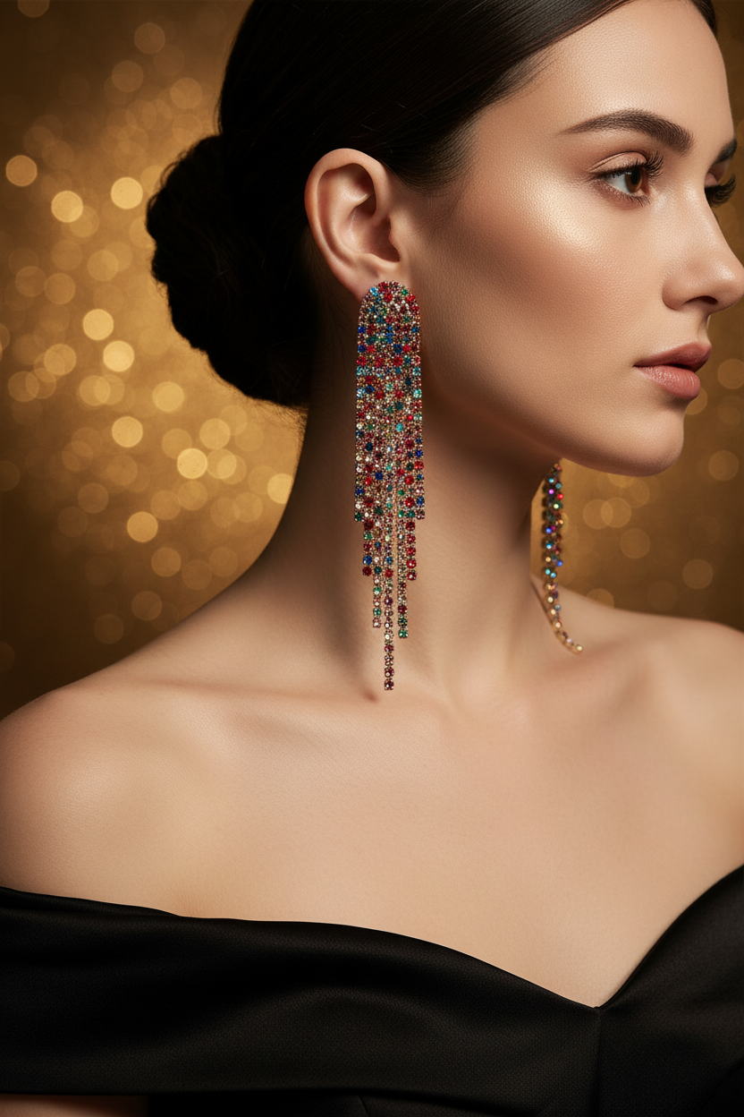 Luxury Crystal Tassel Drop Earrings | Long Rhinestone Fringe | Gold Silver & Multicolor