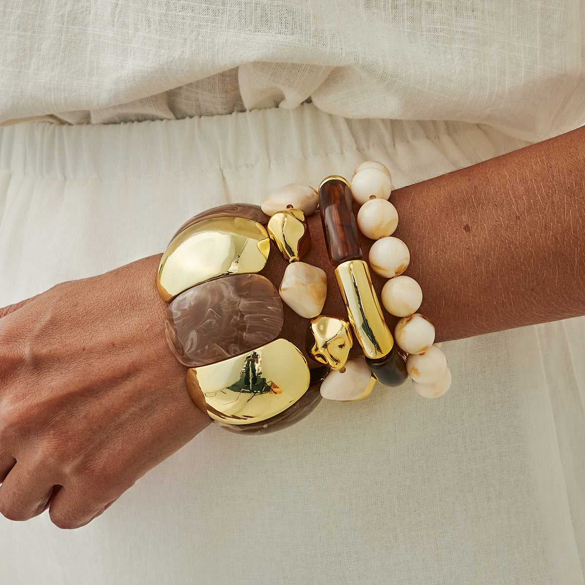 Luxury Statement Bracelet Stack – Gold Chunky & Natural Stone Beaded Set for Women