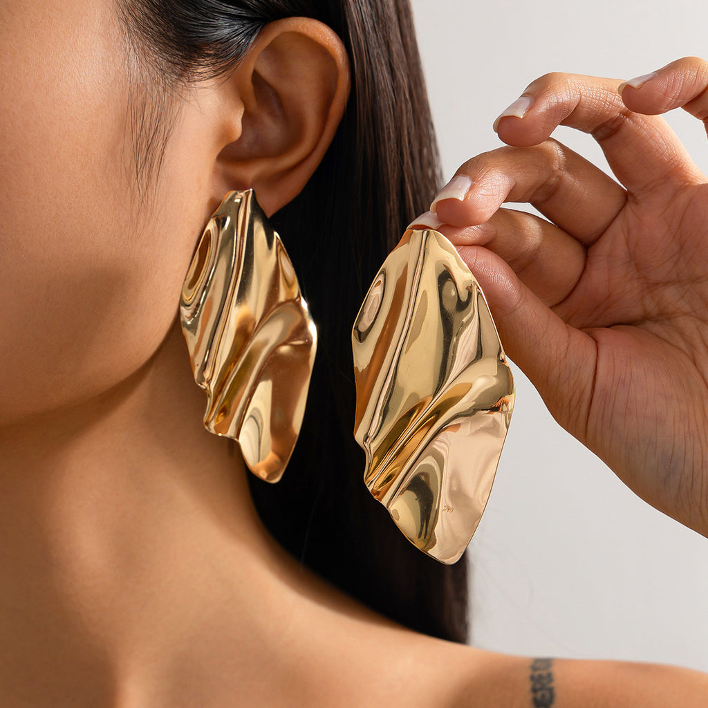 Gold Geometric Statement Earrings | Glossy Pleated Metal | Luvia