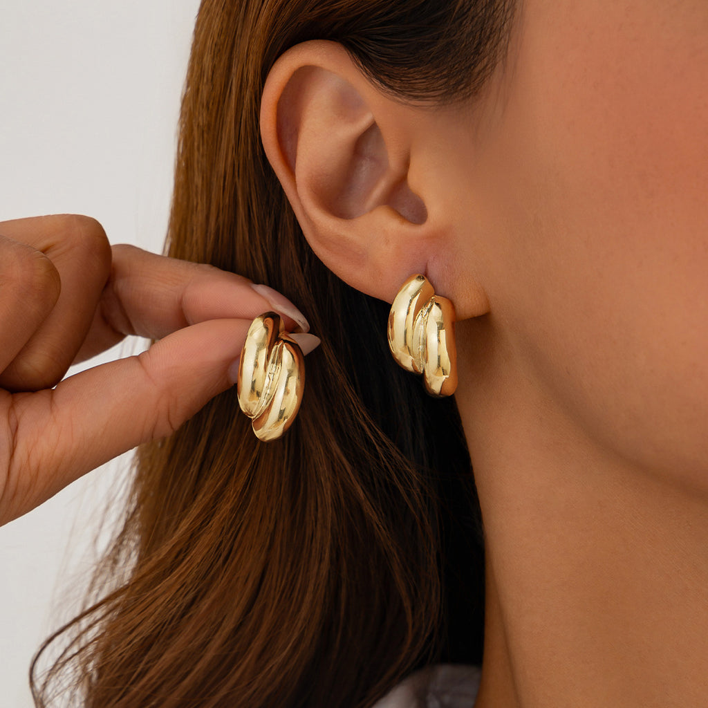 Gold Geometric Statement Earrings | Glossy Pleated Metal | Luvia