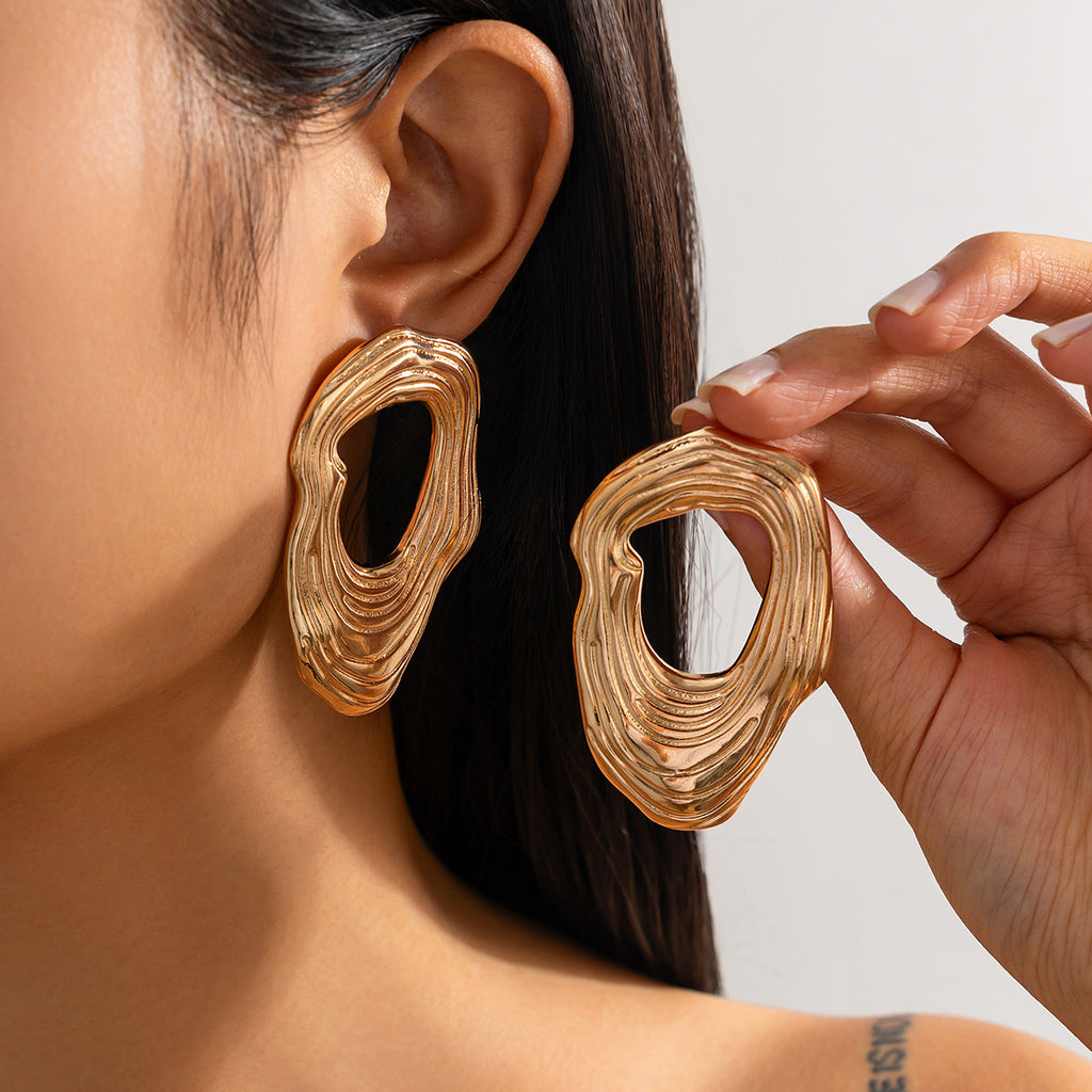 Gold Geometric Statement Earrings | Glossy Pleated Metal | Luvia